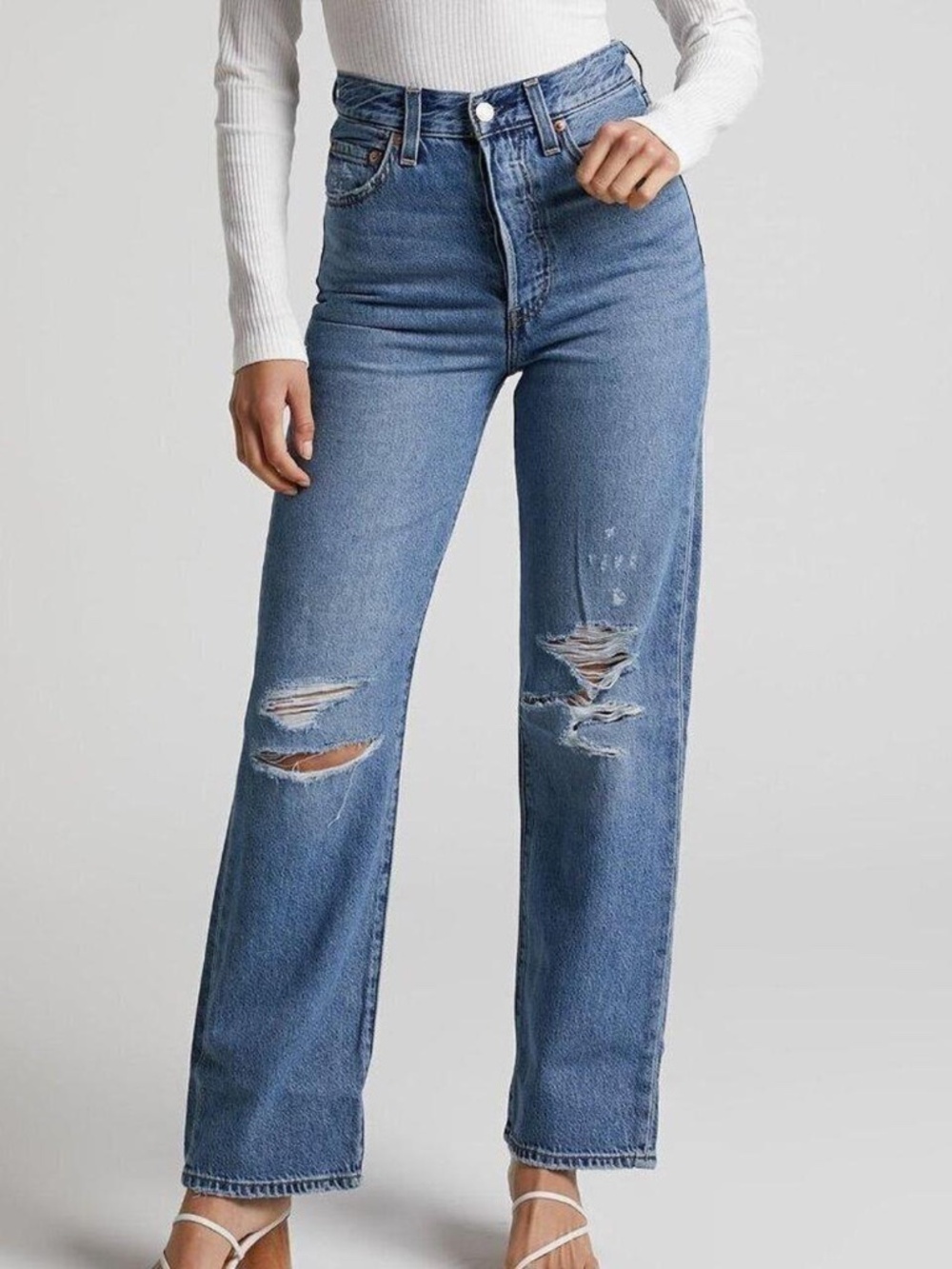 Levi's Blue High-Waisted Straight Jeans with Knee Rips